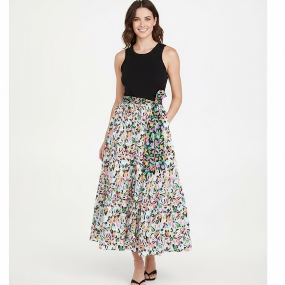NWT Tanya Taylor Genevieve Dress 100% Cotton Black Tank Floral Skirt XL